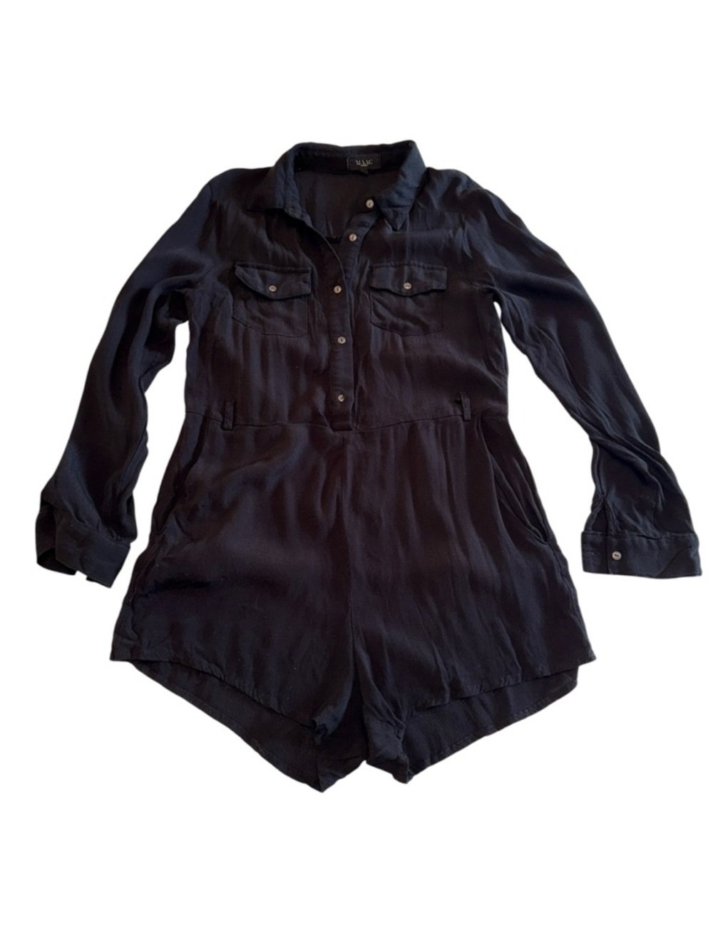 MAAC London Black Sheer Button Front Long Sleeve Romper Size S